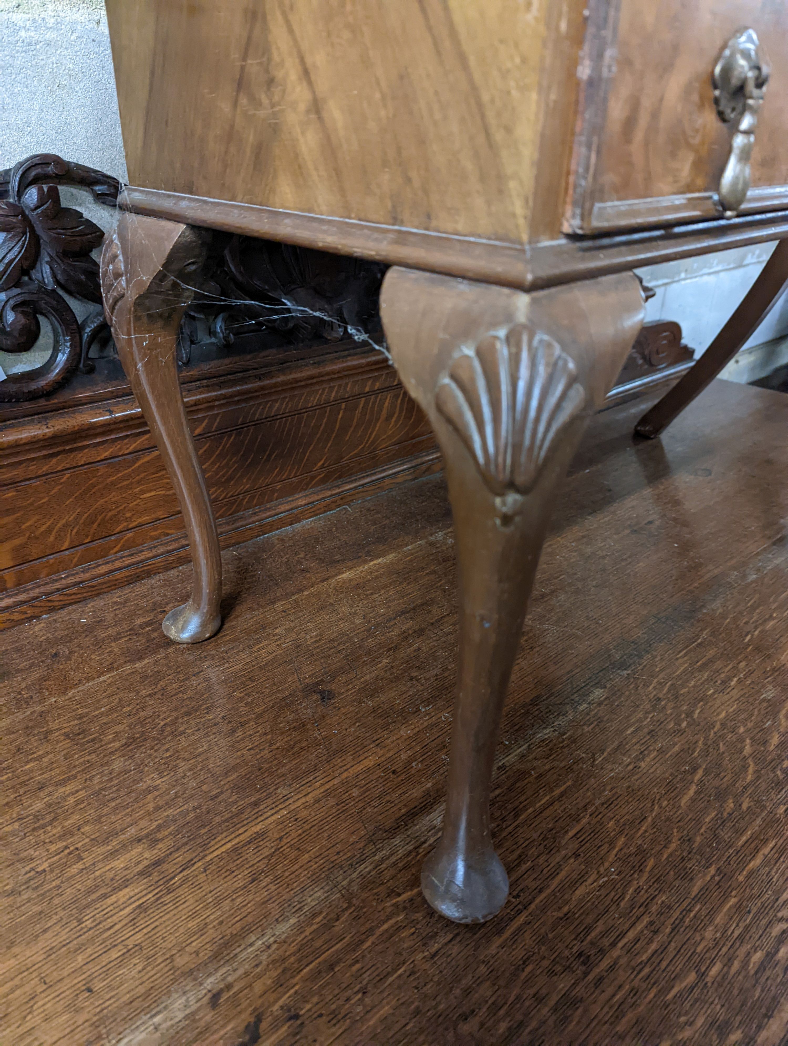 A small Queen Anne revival walnut three drawer chest, width 49cm, depth 35cm, height 69cm